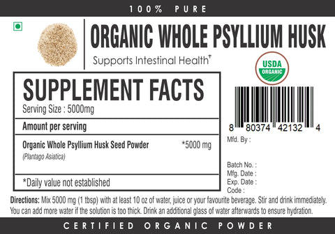 Organic Whole Psyllium Husk Dietary Fiber Isabgol for Digestion & Intestinal Health