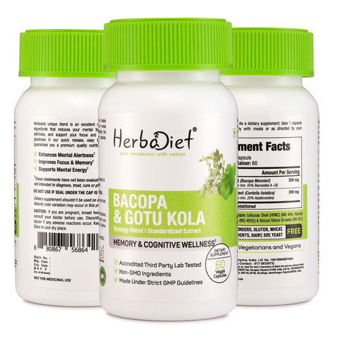 Bacopa with Gotu Kola Extract Capsules for Memory, Focus, Mood & Alertness