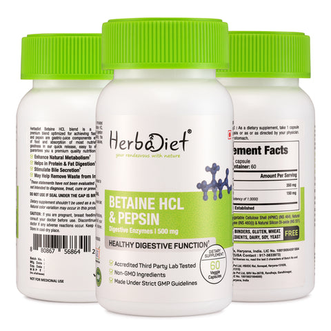 Betaine HCL + Pepsin (500mg) Digestive Enzyme Supplement for Gut Health Support & Nutrient Absorption