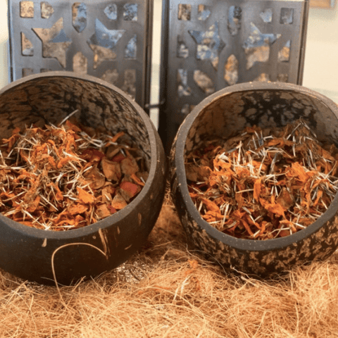 COCONUT SHELL BOWLS (2) WITH DRIED FLOWER PETALS