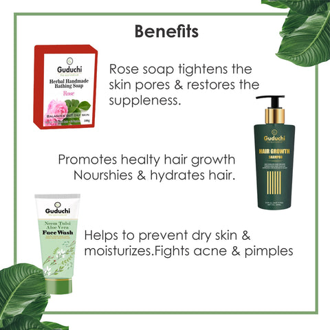 Glow from Head to Toe: Rose Soap, Hair Growth Shampoo & Neem Tulsi Face Wash Combo