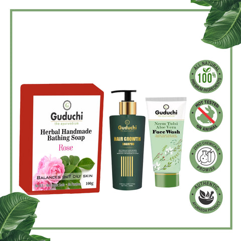 Glow from Head to Toe: Rose Soap, Hair Growth Shampoo & Neem Tulsi Face Wash Combo