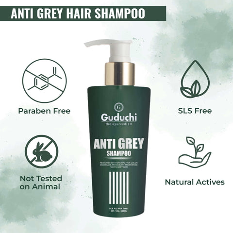 Guduchi Ayurveda Anti Grey shampoo.