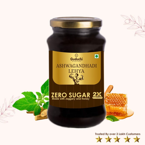 Guduchi Ayurveda Ashwagandhadi Lehya Made with Jaggery and Honey | Packed in glass jar | 2X Strength | Helps deal general weakness, fatigue, and stress | Zero Sugar | 500gms