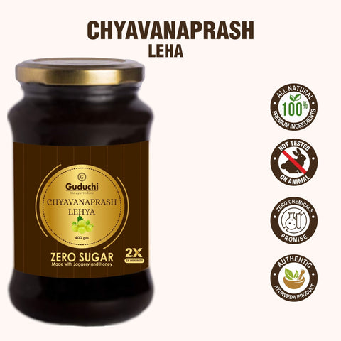 Guduchi Ayurveda Chyavanprash Made with Jaggery and Honey, Packed in glass jar, 2X Immunity Booster for all age groups - No Sugar - 400gms [LIMITED OFFER: PACK OF 3 AT THE PRICE OF 2]