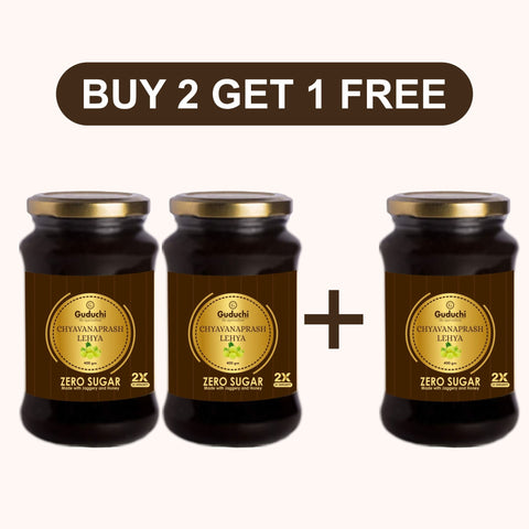 Guduchi Ayurveda Chyavanprash Made with Jaggery and Honey, Packed in glass jar, 2X Immunity Booster for all age groups - No Sugar - 400gms [LIMITED OFFER: PACK OF 3 AT THE PRICE OF 2]