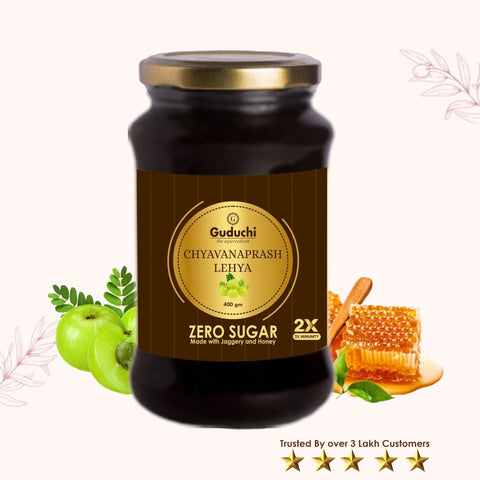 Guduchi Ayurveda Chyavanprash Made with Jaggery and Honey, Packed in glass jar, 2X Immunity Booster for all age groups - No Sugar - 400gms [LIMITED OFFER: PACK OF 3 AT THE PRICE OF 2]