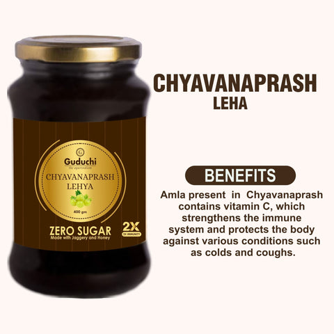 Guduchi Ayurveda Chyavanprash Made with Jaggery and Honey, Packed in glass jar, 2X Immunity Booster for all age groups - No Sugar - 400gms [LIMITED OFFER: PACK OF 3 AT THE PRICE OF 2]