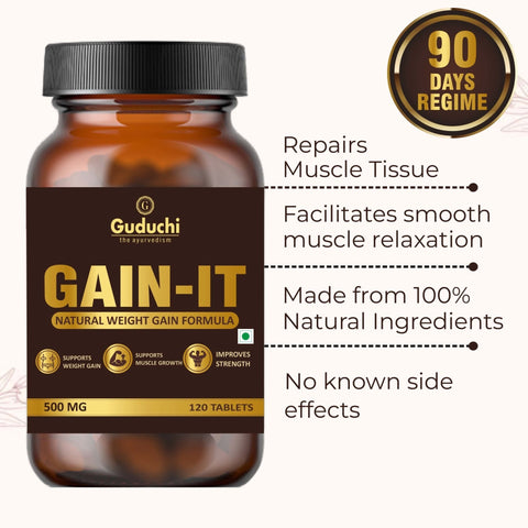 Guduchi Ayurveda GAIN - IT for Natural Weight & Muscle Gain and Bone Strength | For Under weight men and women | 100% Herbal | 500mg Each Tab - 120 Tabs * 3 Bottles