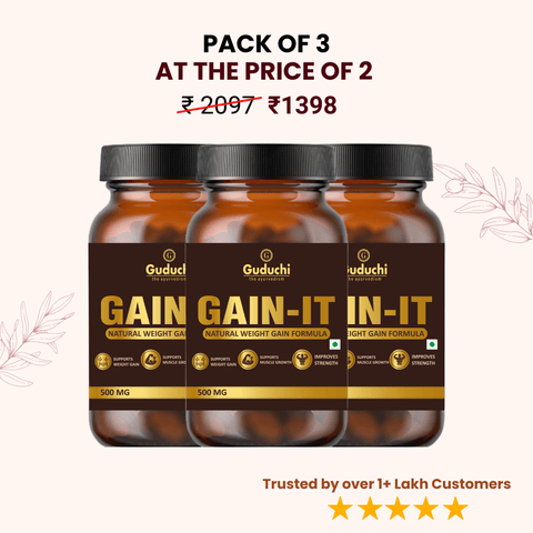 Guduchi Ayurveda GAIN - IT for Natural Weight & Muscle Gain and Bone Strength | For Under weight men and women | 100% Herbal | 500mg Each Tab - 120 Tabs * 3 Bottles