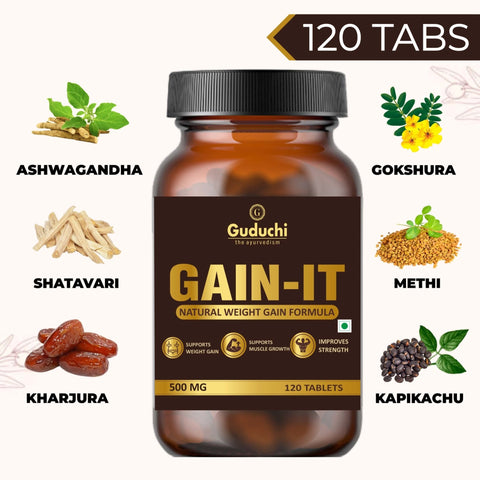 Guduchi Ayurveda GAIN - IT for Natural Weight & Muscle Gain and Bone Strength | For Under weight men and women | 100% Herbal | 500mg Each Tab - 120 Tabs * 3 Bottles