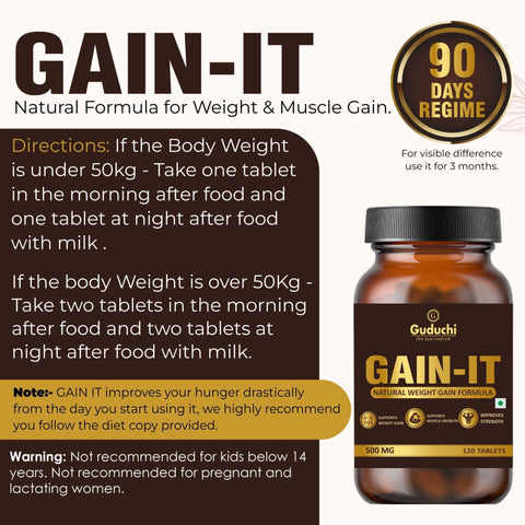 Guduchi Ayurveda GAIN - IT for Natural Weight & Muscle Gain and Bone Strength | For Under weight men and women | 100% Herbal | 500mg Each Tab - 120 Tabs * 3 Bottles