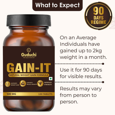 Guduchi Ayurveda GAIN - IT for Natural Weight & Muscle Gain and Bone Strength | For Under weight men and women | 100% Herbal | 500mg Each Tab - 120 Tabs * 3 Bottles