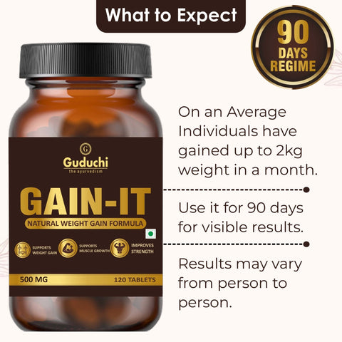 Guduchi Ayurveda GAIN-IT for Natural Weight & Muscle Gain and Bone Strength | For Under weight men and women | 100% Herbal | 500mg Each Tab - 120 Tabs * 3 Bottles