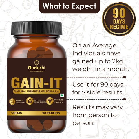 Guduchi Ayurveda GAIN - IT Tablets for Fast Weight & Muscle Gain and Bone Strength | For Under weight men and women | 500mg Tablets - 120 Tabs * 3 Bottles