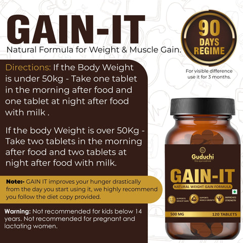 Guduchi Ayurveda GAIN - IT Tablets for Fast Weight & Muscle Gain and Bone Strength | For Under weight men and women | 500mg Tablets - 120 Tabs * 3 Bottles