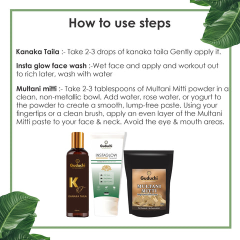 Guduchi Ayurveda Golden Beauty Trio: Kanaka Taila, Insta Glow, Multani Magic