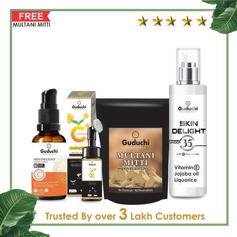 Guduchi Ayurveda Pure Skin Perfection: Guduchi's Vitamin C, Foaming Face Wash, Cream & Multani Mitti Bundle