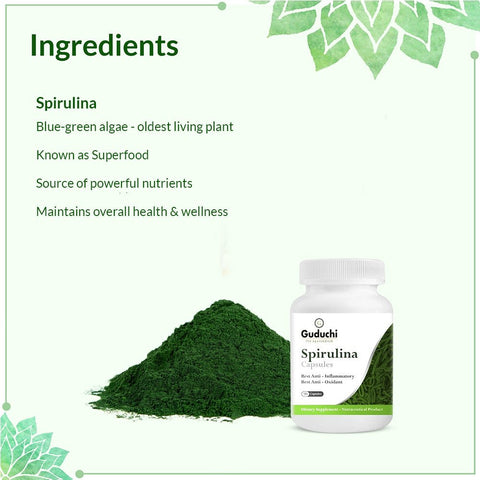 Guduchi Ayurveda Spirulina - 90 Capsules | Blue - Green Algae Oldest Living plant | More than 100 healthy & powerful Nutrients