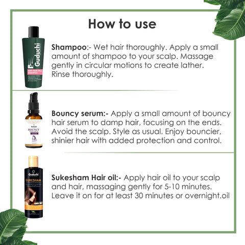 Hair Fall Defenders: Guduchi's Sukesham Oil, Anti Hairfall Shampoo & Bouncy Hair Serum Combo