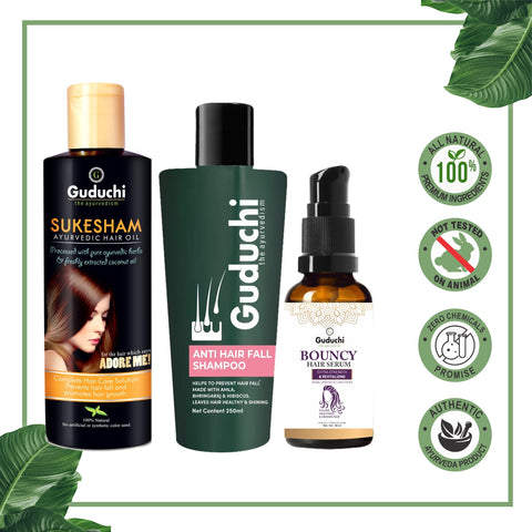 Hair Fall Defenders: Guduchi's Sukesham Oil, Anti Hairfall Shampoo & Bouncy Hair Serum Combo