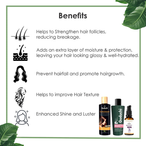 Hair Fall Defenders: Guduchi's Sukesham Oil, Anti Hairfall Shampoo & Bouncy Hair Serum Combo