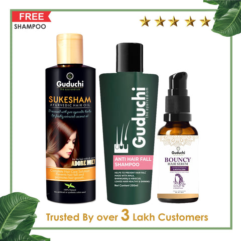 Hair Fall Defenders: Guduchi's Sukesham Oil, Anti Hairfall Shampoo & Bouncy Hair Serum Combo