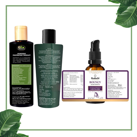 Hair Fall Defenders: Guduchi's Sukesham Oil, Anti Hairfall Shampoo & Bouncy Hair Serum Combo