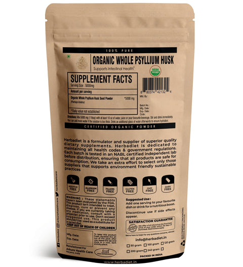 Organic Whole Psyllium Husk Dietary Fiber Isabgol for Digestion & Intestinal Health